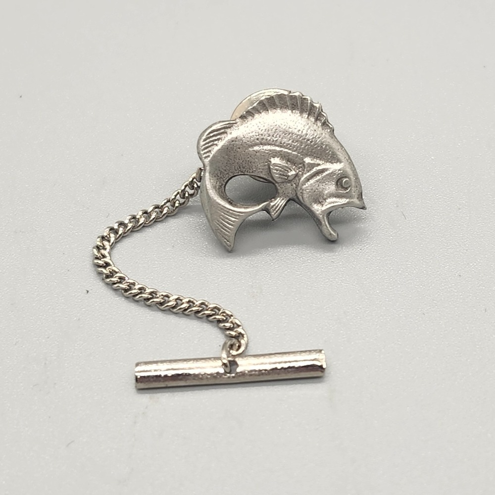 Vintage Silver Big Mouth Bass Fish Tie Tack Pin Mens Jewelry Fishing Accessory